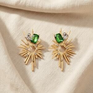 Art Deco Sunburst Earrings Gold CZ Star Molten Sun Boho Statement Crystal Retro